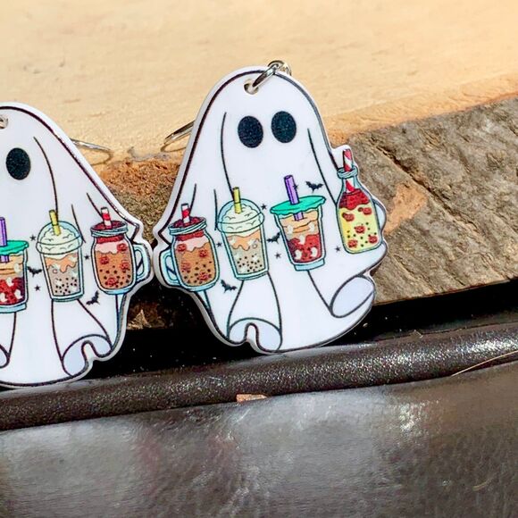 Spooky Vibes Halloween Ghost Coffee Latte Boba Milkshake Lover Resin Earrings - Picture 4 of 4